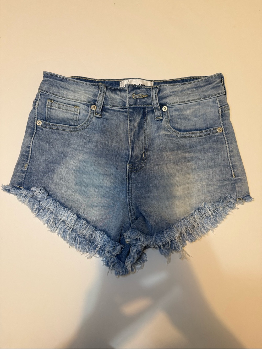 Fashion Nova Light Blue Frayed Hem High-Rise Denim Shorts